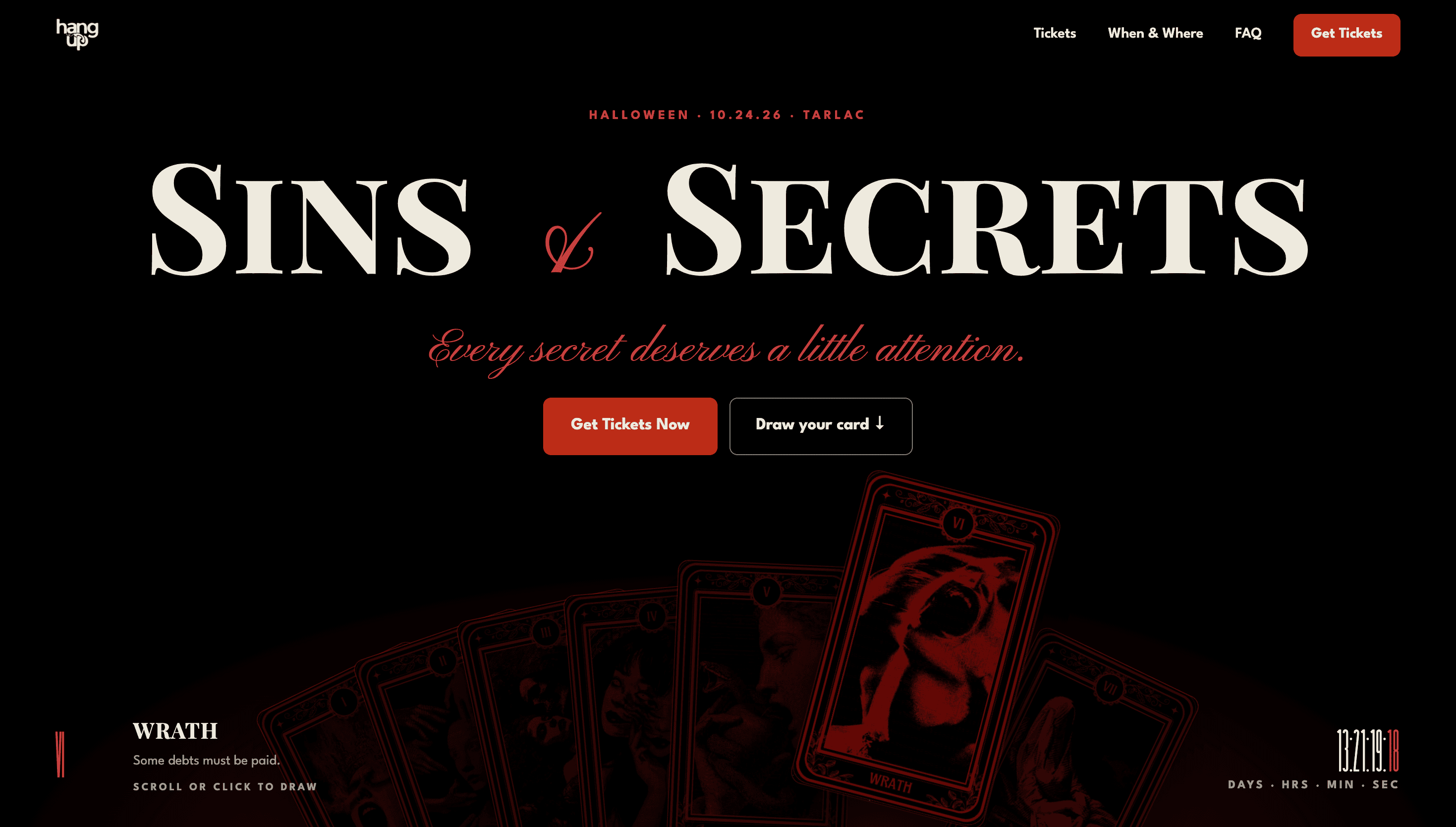 Sins and Secrets Halloween event page on the Club Hang Up website, with a tarot-card hero, ticketing and a countdown